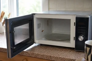 Main inspectant une zone de rouille sous le plateau tournant d’un micro-ondes