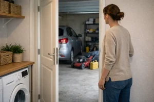 Personne vérifiant une odeur d’essence près de la porte entre la maison et le garage