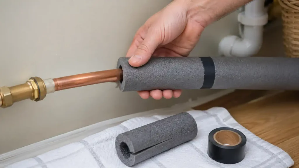 Pose d’un manchon isolant en mousse sur un tuyau d’eau froide pour limiter la condensation