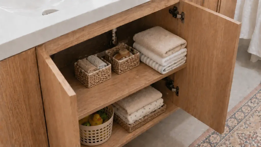 Meuble sous vasque ouvert avec serviettes, paniers et jouets de bain rangés
