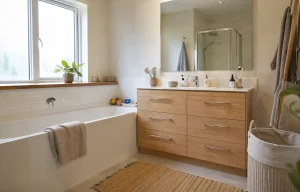 Salle de bains familiale lumineuse avec baignoire, meuble vasque et rangements