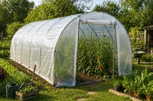 Serre tunnel dans un jardin de particulier avec cultures potagères visibles