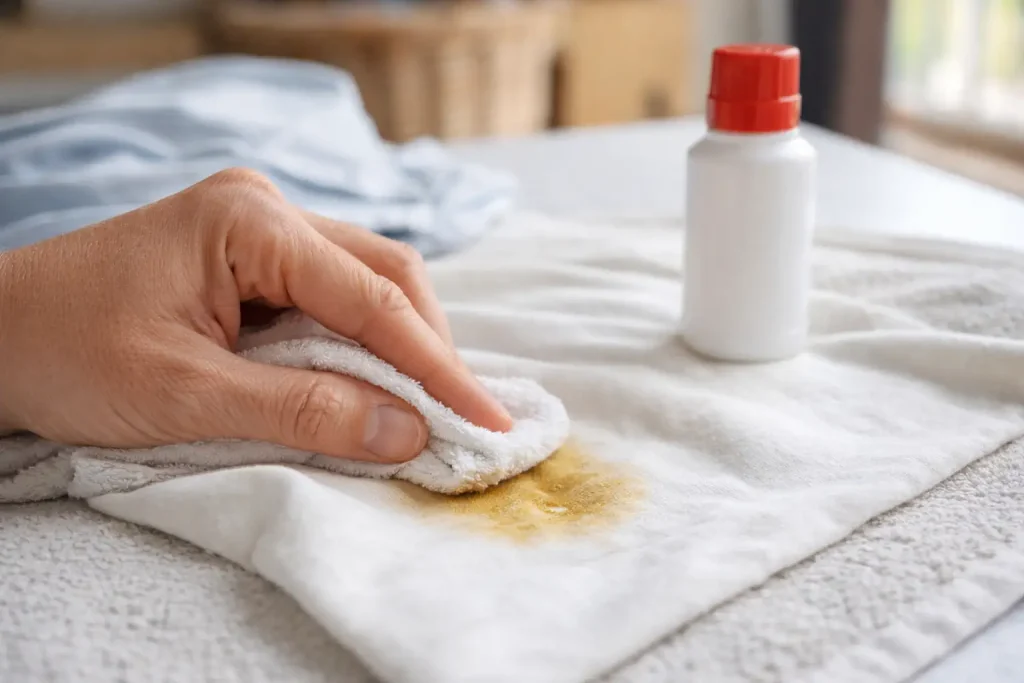 Main tamponnant une tache grasse sur un textile avec un chiffon avant lavage