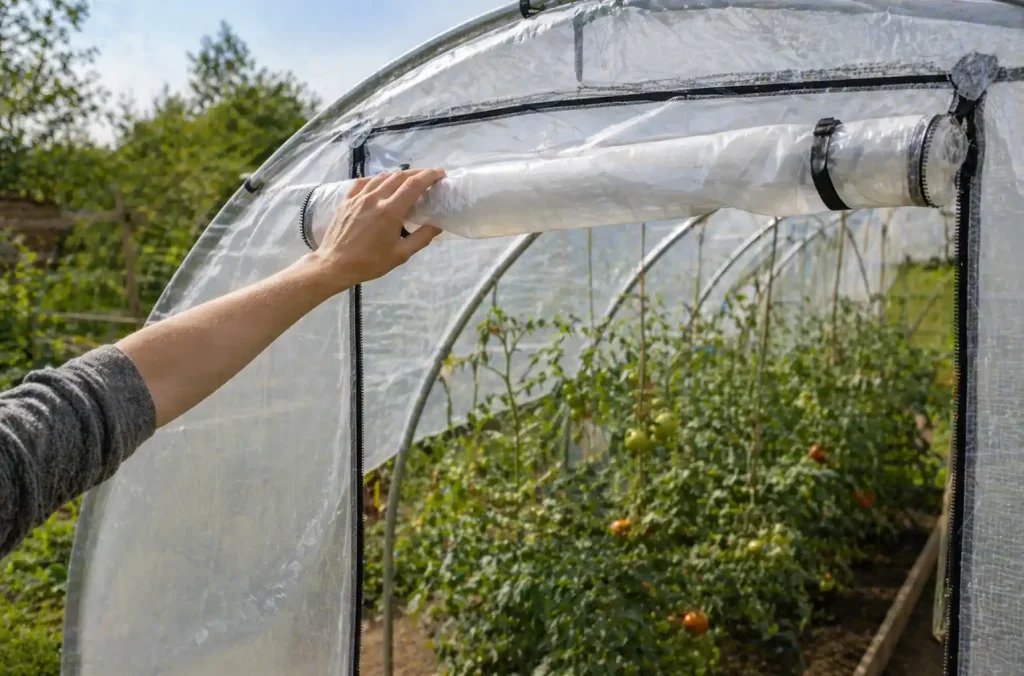 Main ouvrant une serre tunnel pour favoriser la circulation de l’air