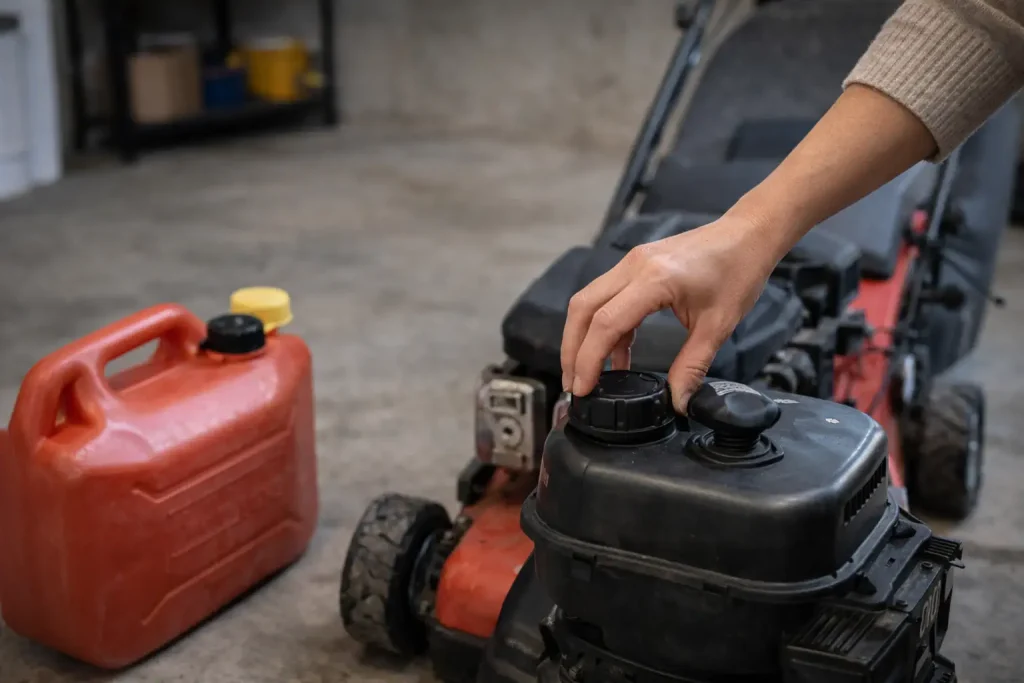 Main vérifiant un bidon de carburant ou une tondeuse dans un garage