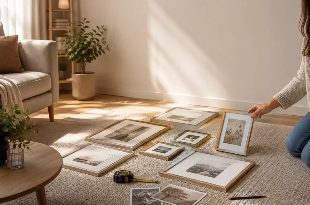 Cadres photo disposés au sol pour préparer une composition murale dans un salon