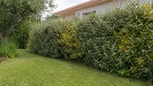 Haie d’eleagnus avec quelques feuilles jaunes dans un jardin