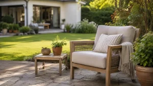 Fauteuil de jardin installé sur une terrasse avec plantes et table basse