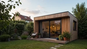 Studio de jardin en bois installé au fond d’un jardin familial