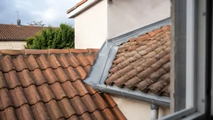 Jonction entre deux toitures en tuiles avec raccord métallique étanche