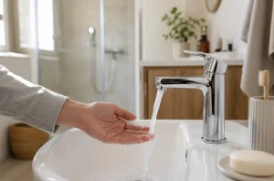 Main testant la température de l’eau sous un robinet avec problème de mélange eau froide chaud