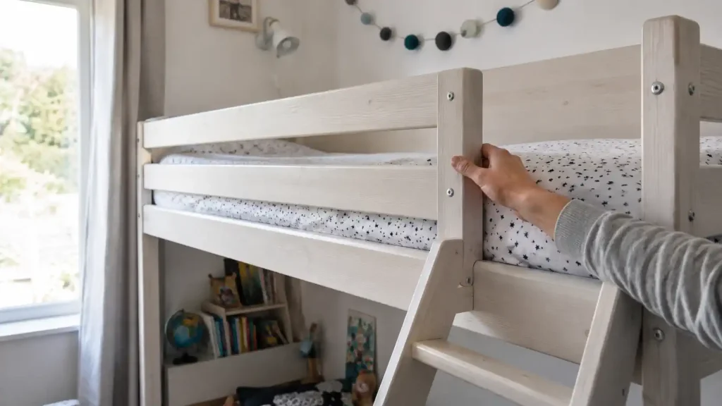 Main vérifiant la barrière de sécurité d’un lit superposé enfant