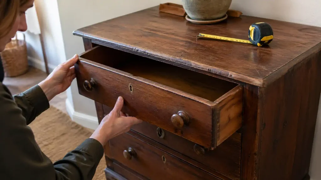 Personne vérifiant l’état et les dimensions d’un meuble ancien en bois