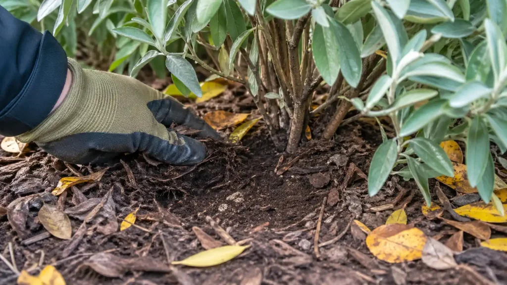 Main gantée vérifiant l’humidité du sol au pied d’un eleagnus jaunii