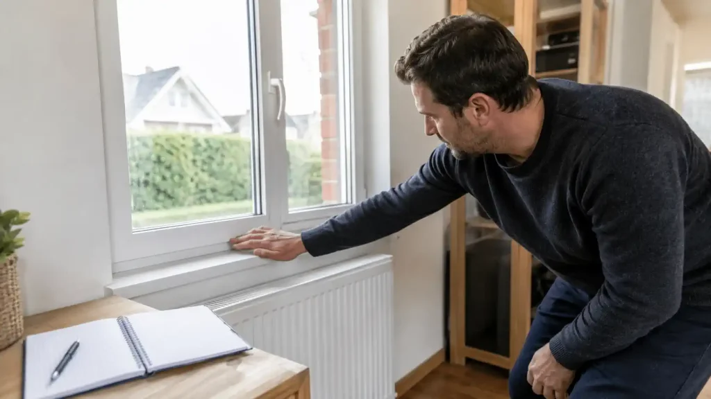 Particulier vérifiant une fenêtre pour repérer des pertes de chaleur dans la maison