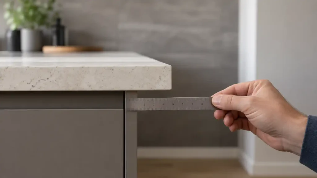 Règle placée sous un plan de travail pour mesurer le débord devant un meuble de cuisine