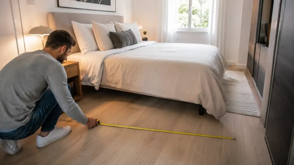 Personne mesurant l’espace de circulation autour d’un lit double