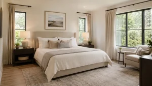 Chambre parentale avec grand lit double bien intégré dans l’espace
