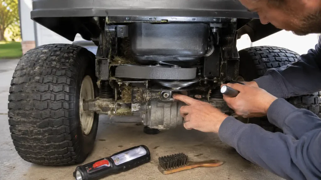 Contrôle de la courroie et du galet tendeur sur un tracteur tondeuse autoportée
