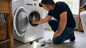 Main contrôlant le jeu du tambour d’une machine à laver ouverte