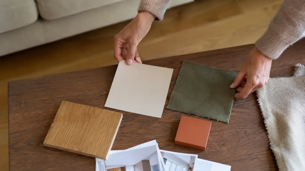 Échantillons beige, vert olive et terracotta choisis selon les éléments existants