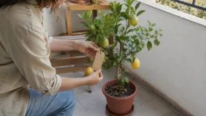 Personne vérifiant l’étiquette d’un citronnier en pot portant plusieurs citrons