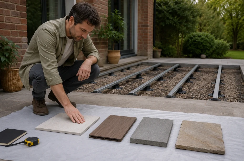 Personne comparant des échantillons de grès cérame, de composite, de béton et de pierre pour une terrasse