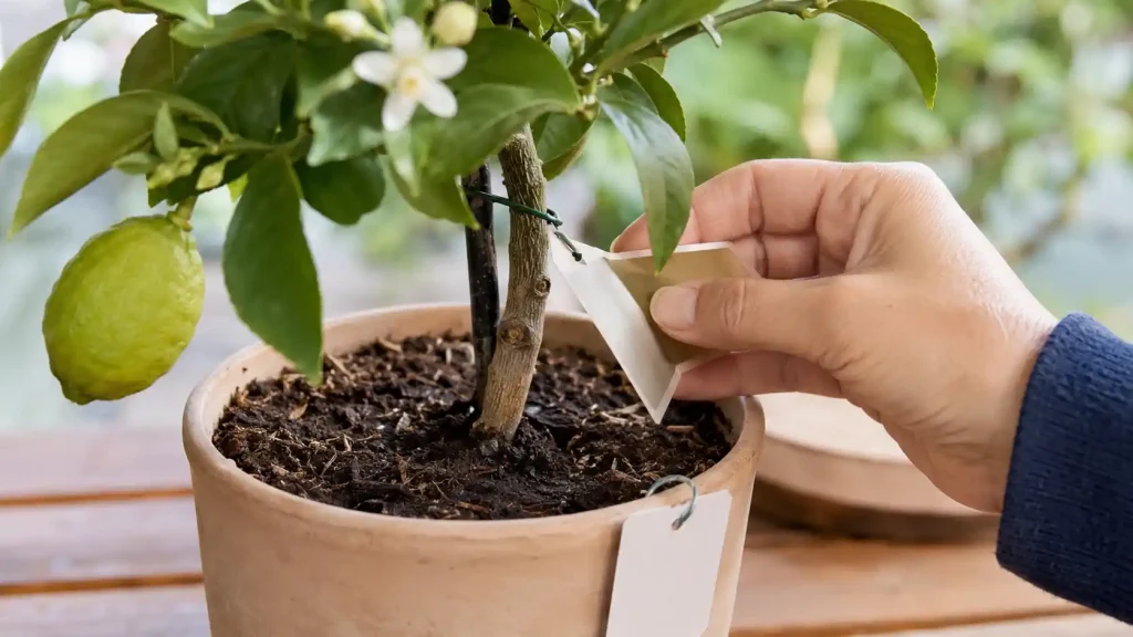 Main consultant l’étiquette d’un citronnier avant de consommer ses fruits