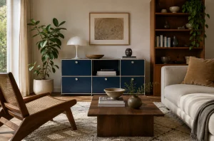 Meuble design modulaire associé à du bois et des matières naturelles dans un salon