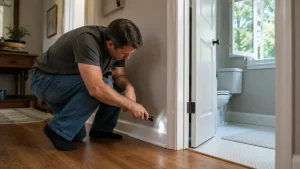 Personne inspectant le bas d'un mur pour trouver la source d'une odeur d'ammoniaque dans la maison
