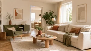 Salon beige, vert olive et terracotta décoré selon la règle 60-30-10