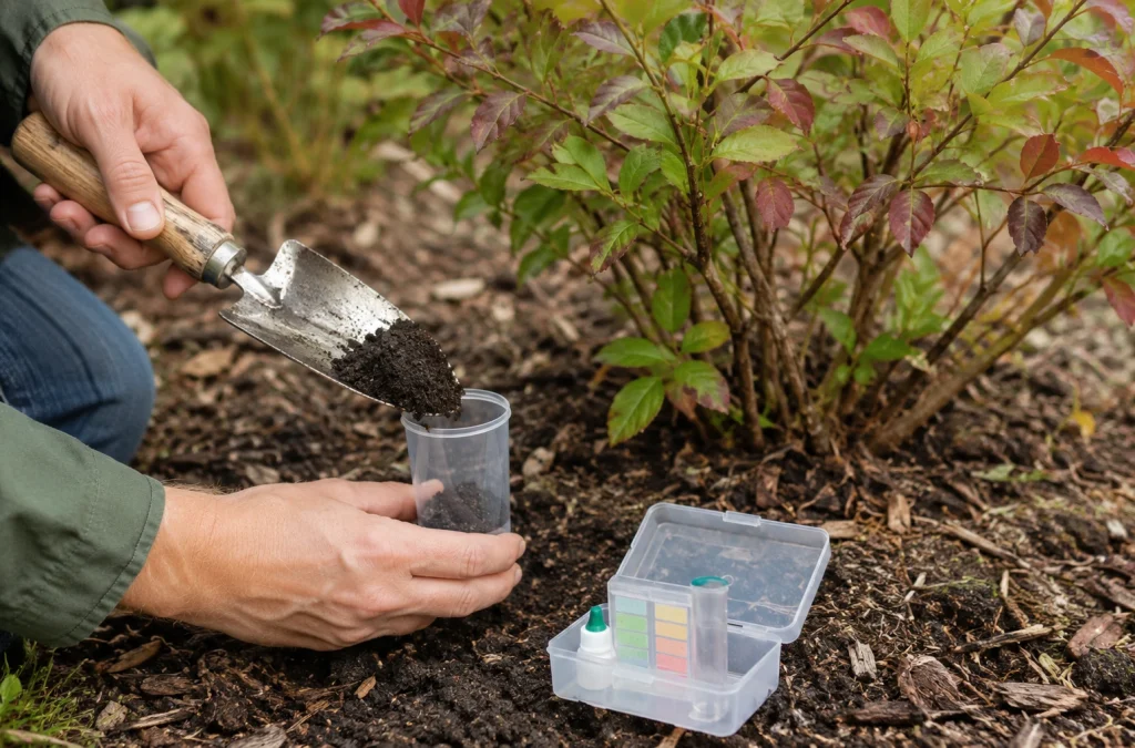 Prélèvement de terre pour vérifier le pH au pied d’un myrtillier