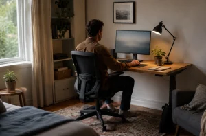 Personne travaillant dans un bureau confortable aménagé à la maison