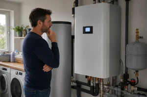 Personne consultant le module intérieur d’une pompe à chaleur air-eau avant de modifier l’appoint électrique