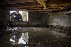 Eau stagnante visible dans un vide sanitaire sur terrain argileux