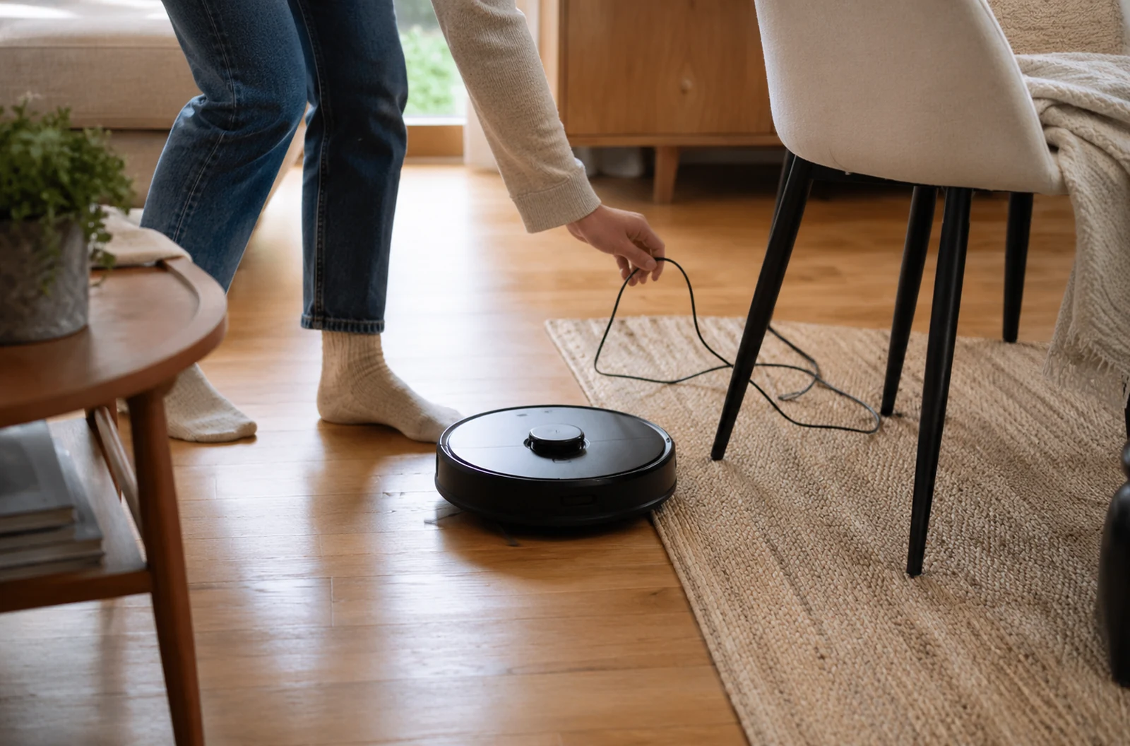 Personne dégageant un câble devant un aspirateur robot dans un salon