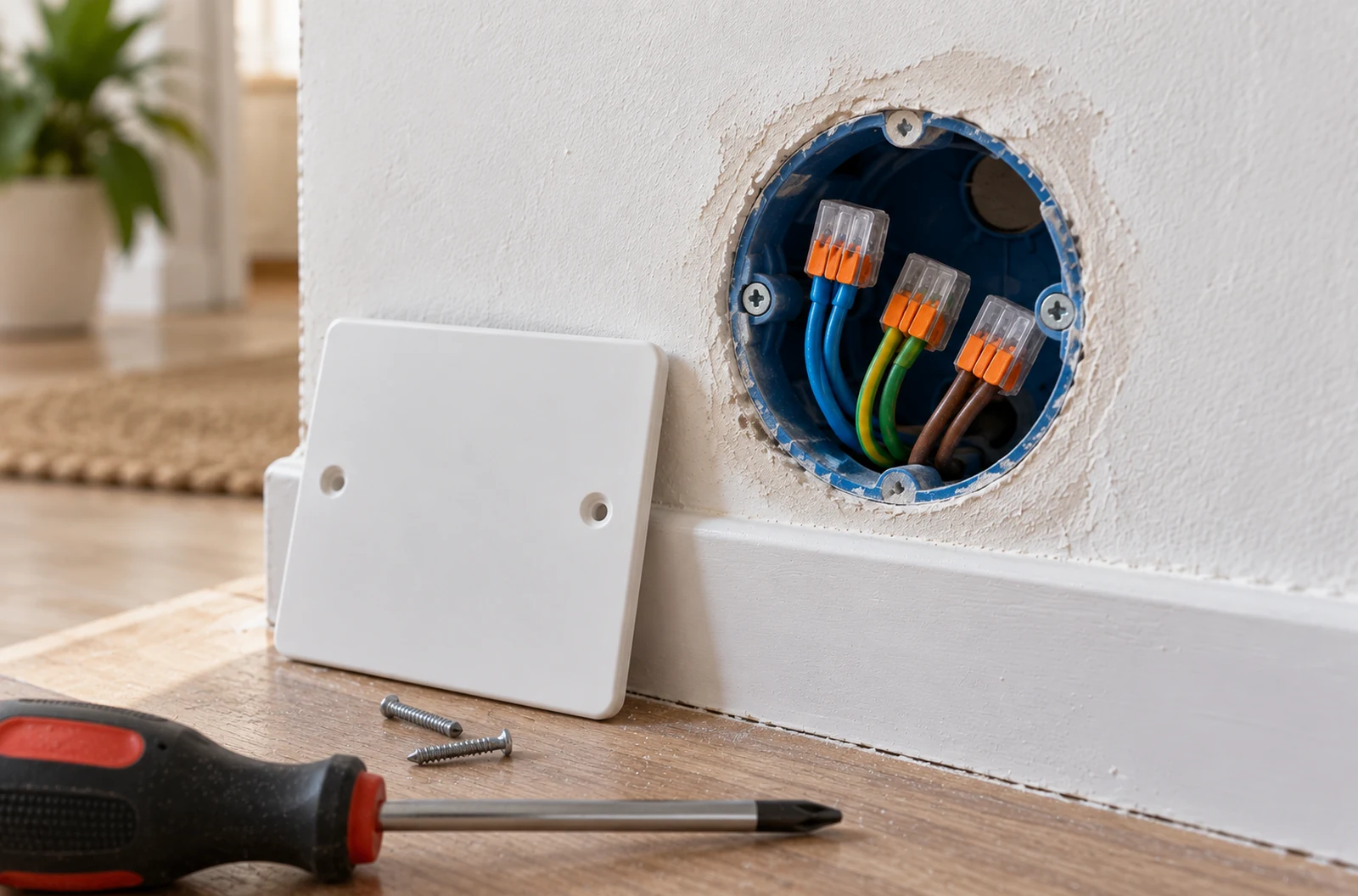 Boîte d’encastrement accessible après la dépose d’une prise électrique