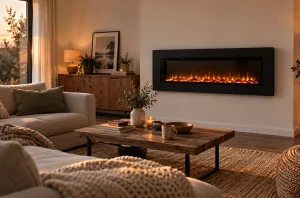 Cheminée électrique murale intégrée dans un salon chaleureux
