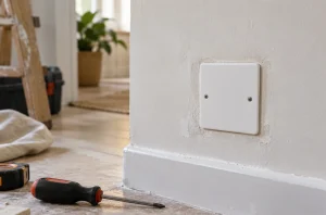 Ancienne prise électrique murale remplacée par un obturateur