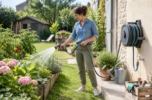 Équipement d’arrosage pour le jardin avec dévidoir mural