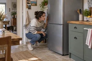 Personne observant un réfrigérateur qui s’arrête quelques secondes après son démarrage