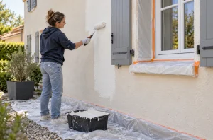 Personne appliquant une peinture claire au rouleau sur une façade de maison