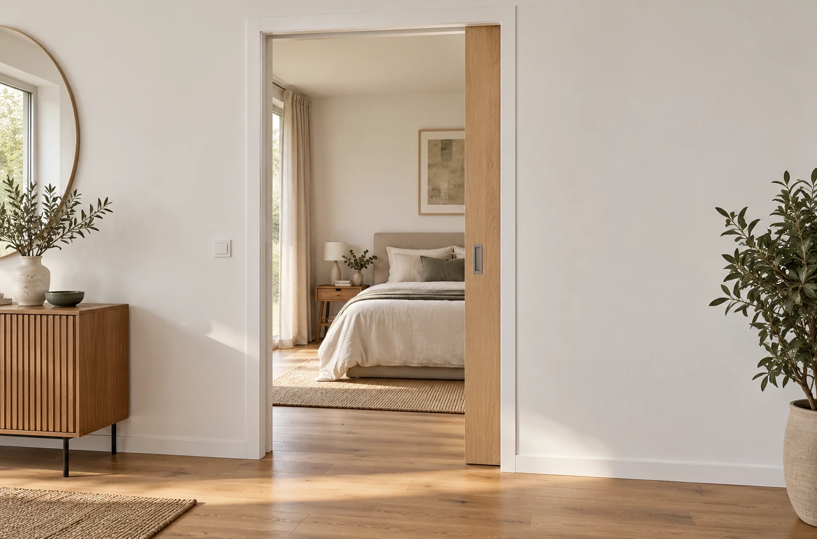 Porte en bois partiellement rentrée dans la cloison à l’entrée d’une chambre
