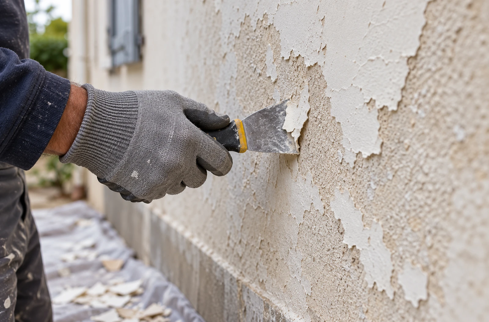 Main gantée retirant une peinture écaillée sur un enduit de façade avec un grattoir