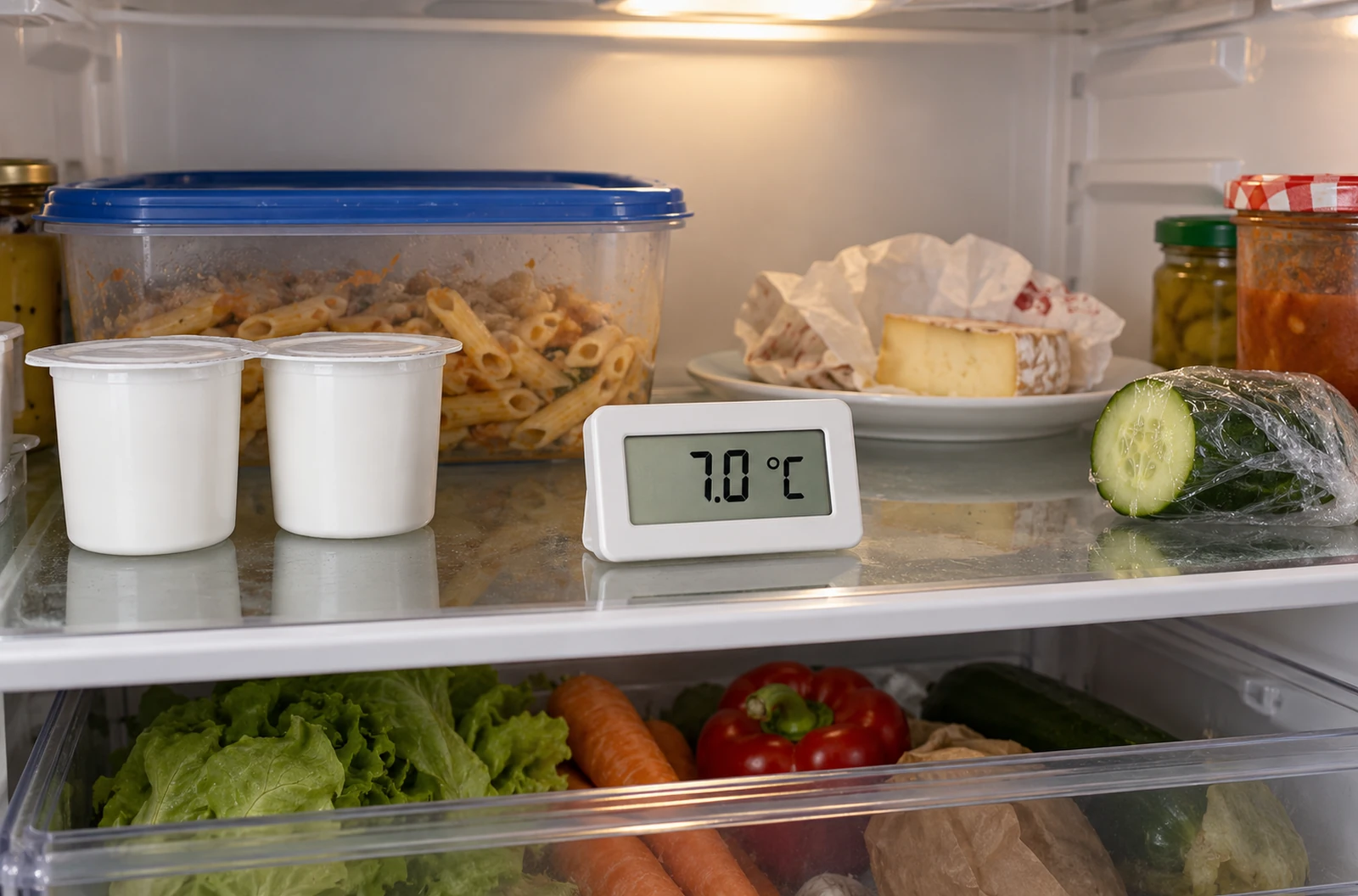 Thermomètre numérique affichant 7 °C sur une clayette de réfrigérateur devant des aliments du quotidien