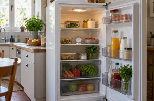 Réfrigérateur ouvert dans une cuisine avec un thermomètre posé sur une clayette